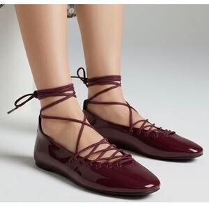 Stradivarius Burgundy Patent Lace-up Ballet Flats 38 7 NEW